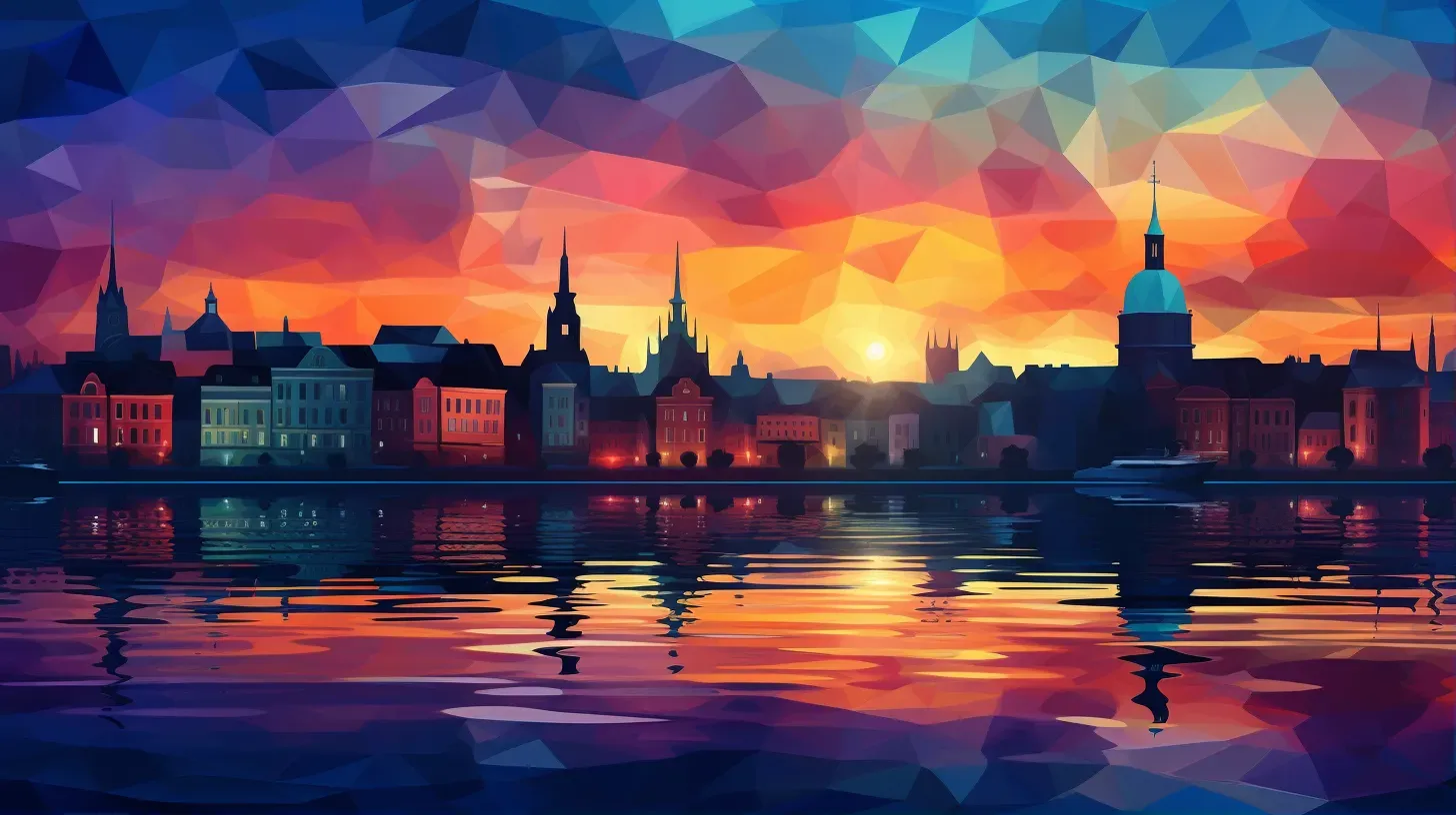 Low poly cityscape with a colorful sunset reflected in a calm river - Image 1