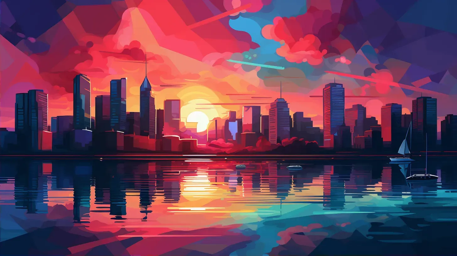 Low poly cityscape with a colorful sunset reflected in a calm river - Image 2