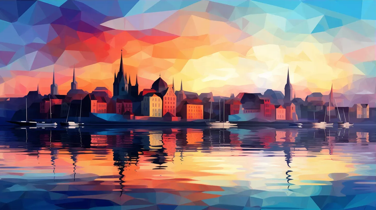 Low poly cityscape with a colorful sunset reflected in a calm river - Image 3