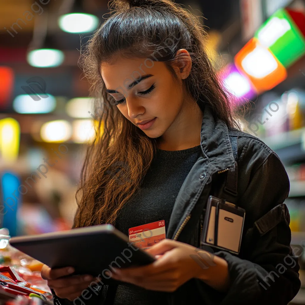 Cashier aiding a customer through a digital loyalty program using a tablet. - Image 1