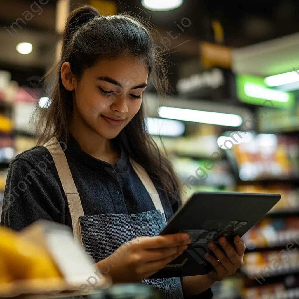 Cashier aiding a customer through a digital loyalty program using a tablet. - Image 2