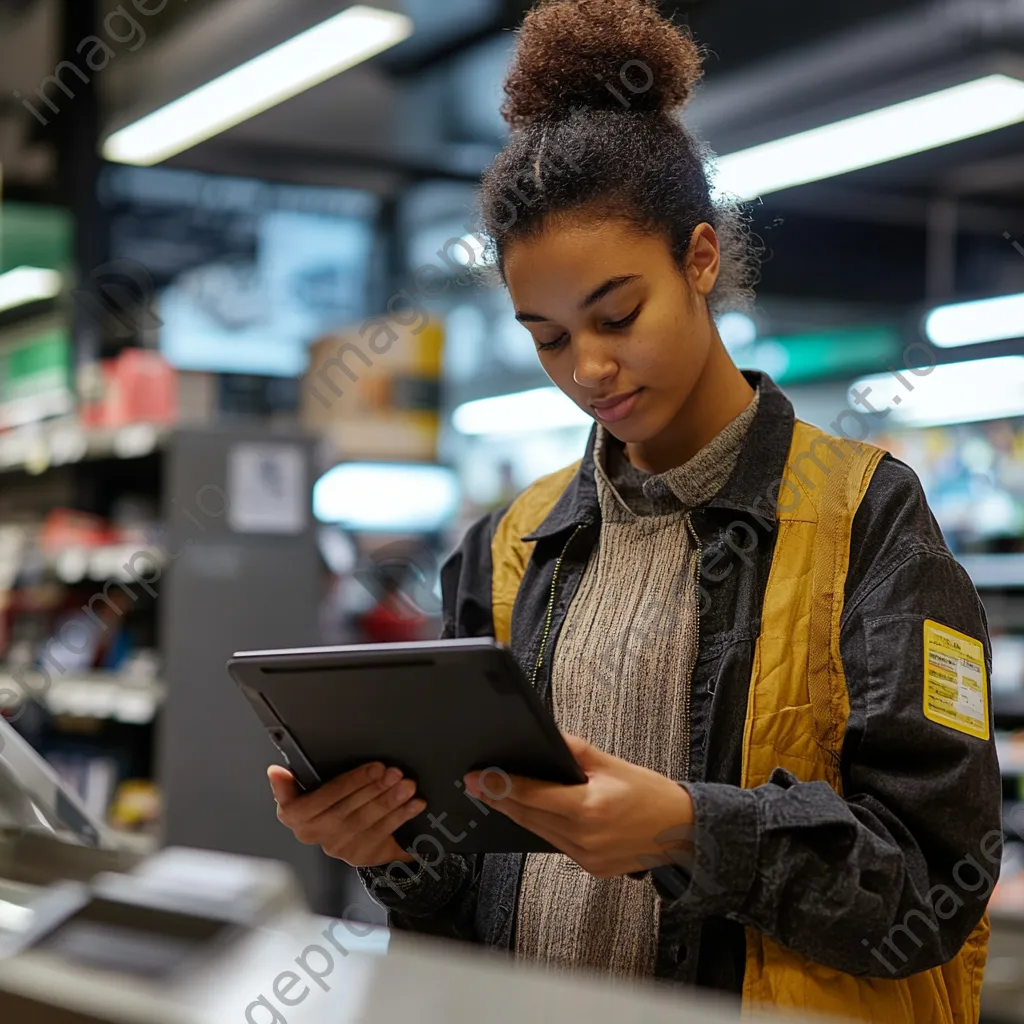 Cashier aiding a customer through a digital loyalty program using a tablet. - Image 3