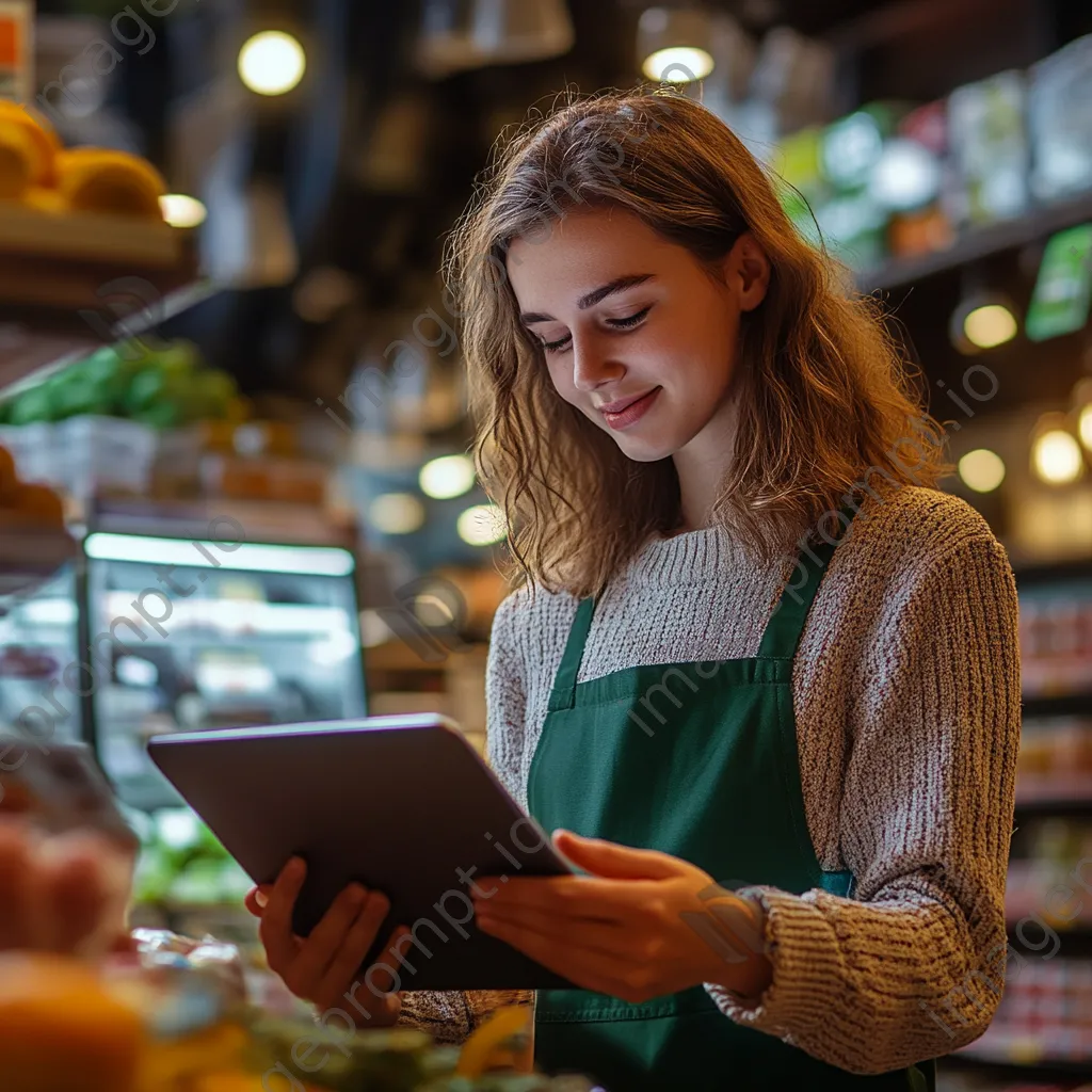 Cashier aiding a customer through a digital loyalty program using a tablet. - Image 4