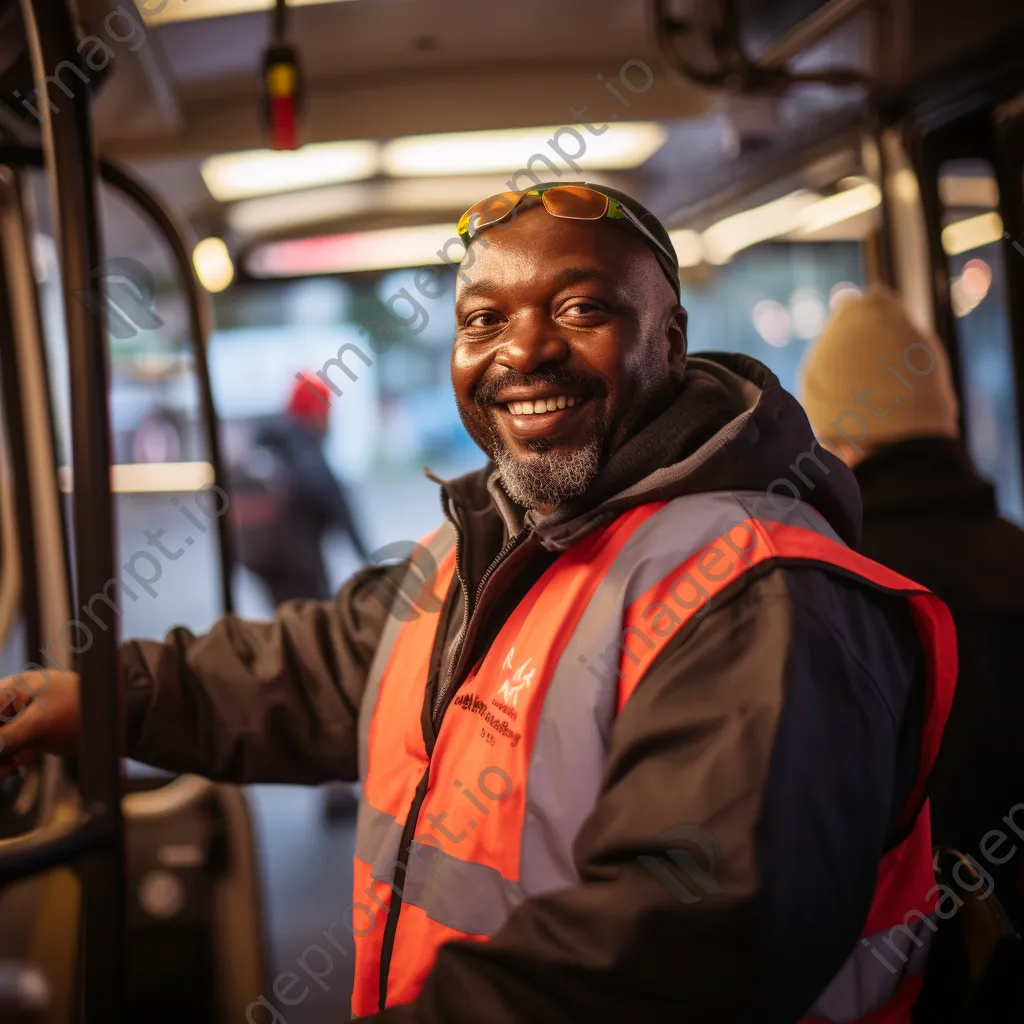 A smiling bus driver greeting passengers at the bus door. - Image 1