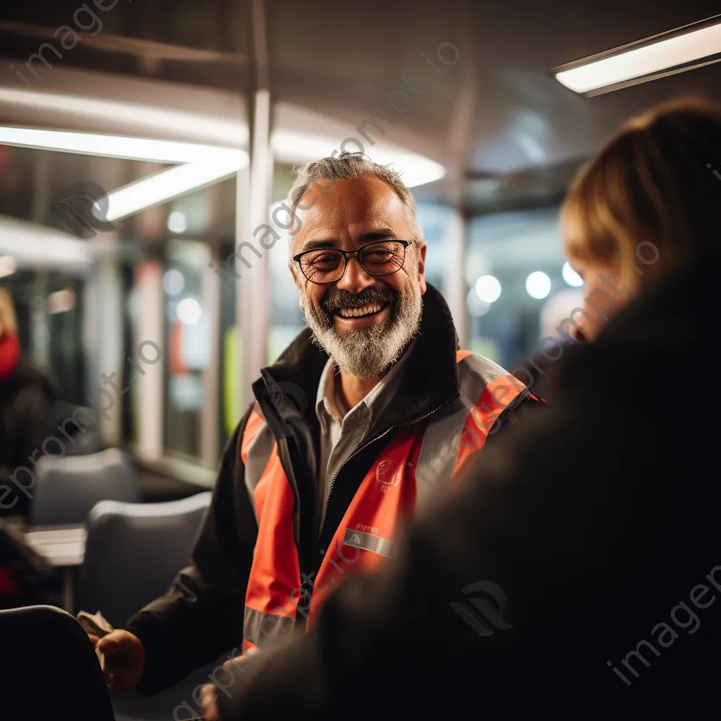 A smiling bus driver greeting passengers at the bus door. - Image 3