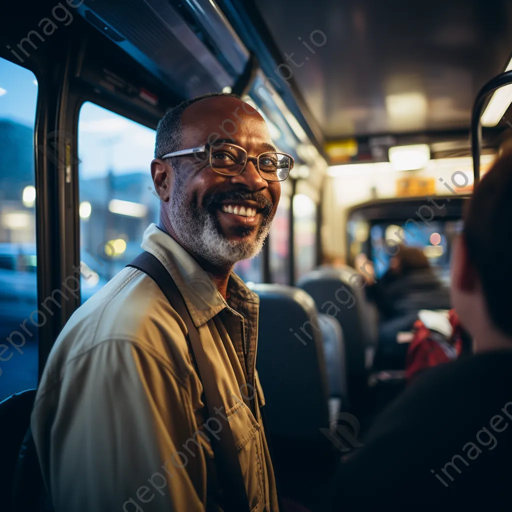 A smiling bus driver greeting passengers at the bus door. - Image 4