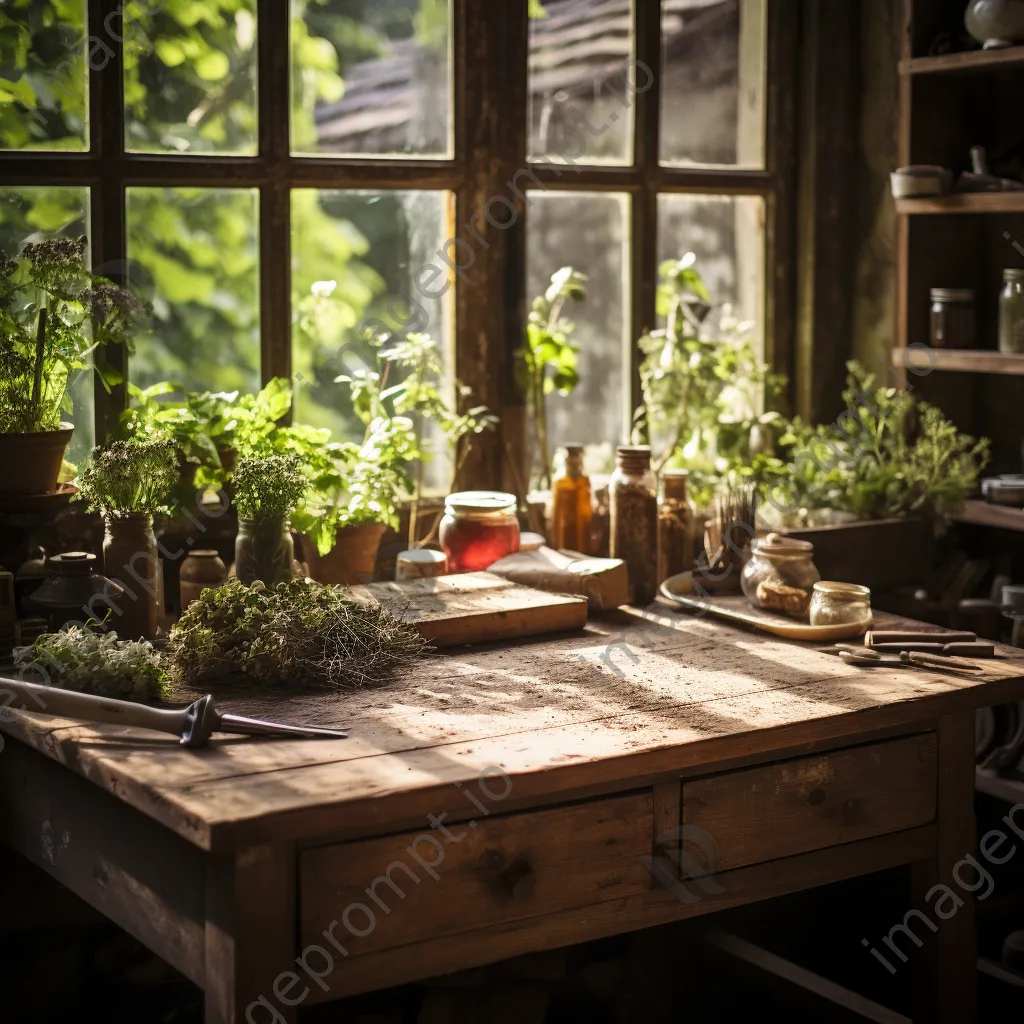 Wooden table with fresh herbs and gardening tools in warm light - Image 1