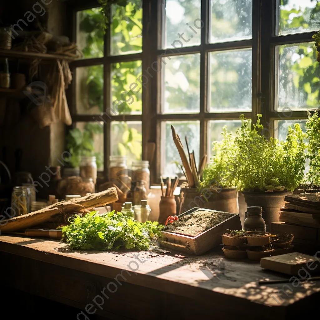 Wooden table with fresh herbs and gardening tools in warm light - Image 2