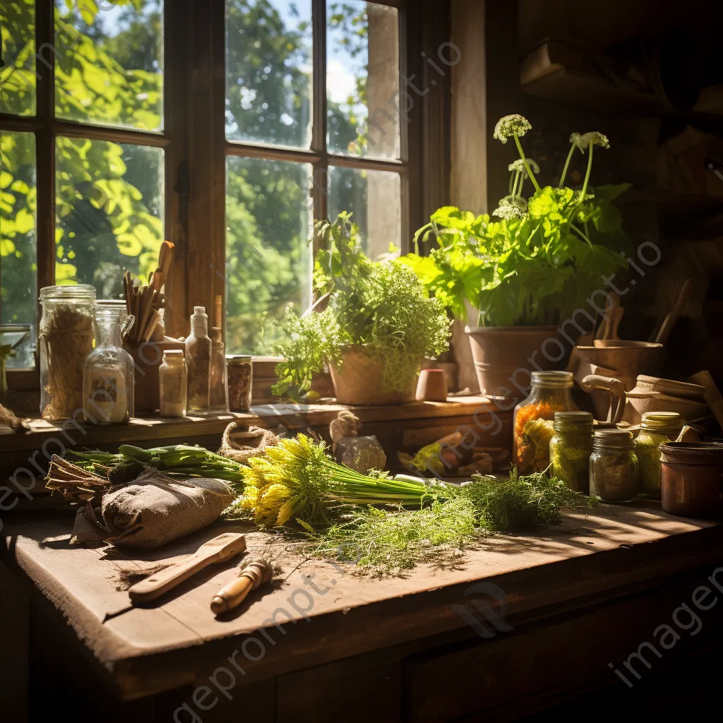 Wooden table with fresh herbs and gardening tools in warm light - Image 3