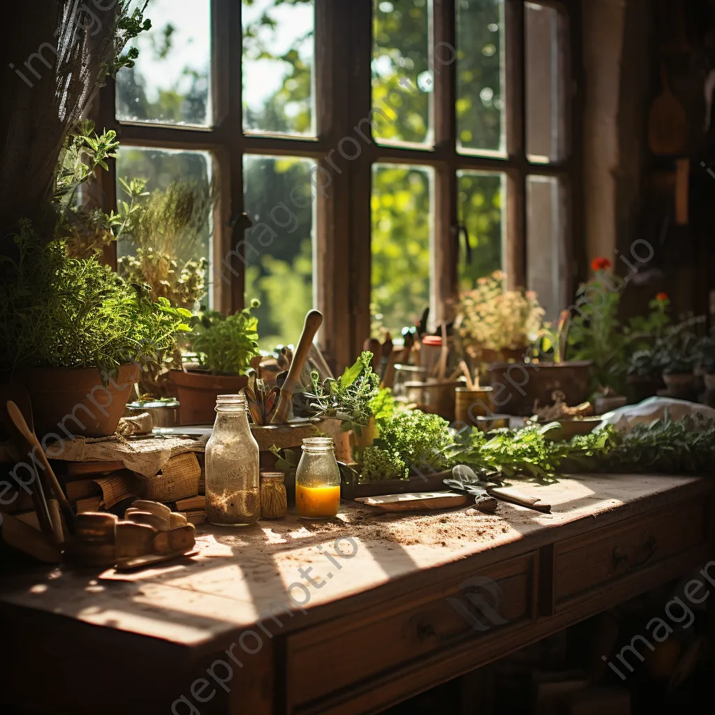 Wooden table with fresh herbs and gardening tools in warm light - Image 4