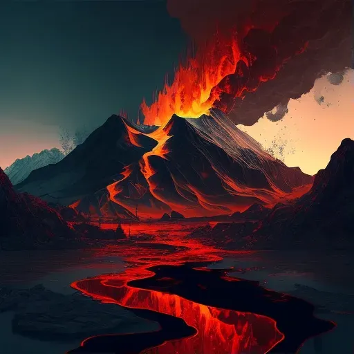 Image of a volcanic eruption with flowing lava and ash-filled sky - Image 1