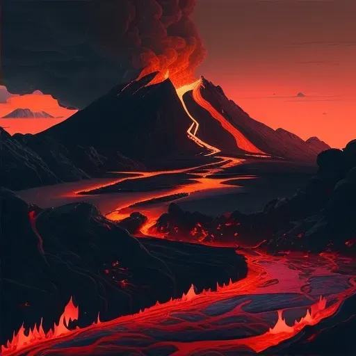 Image of a volcanic eruption with flowing lava and ash-filled sky - Image 2