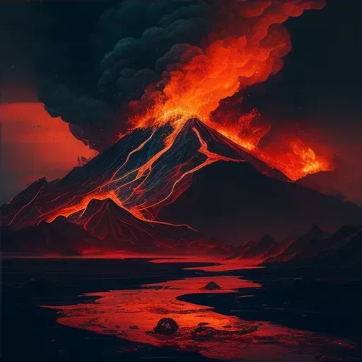 Image of a volcanic eruption with flowing lava and ash-filled sky - Image 4