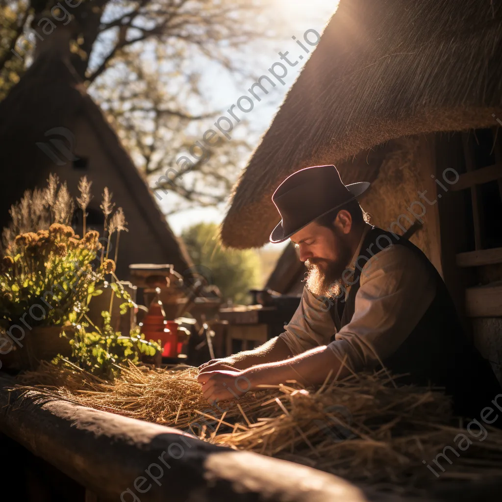 Artisan thatching a straw roof on a historical cottage - Image 1