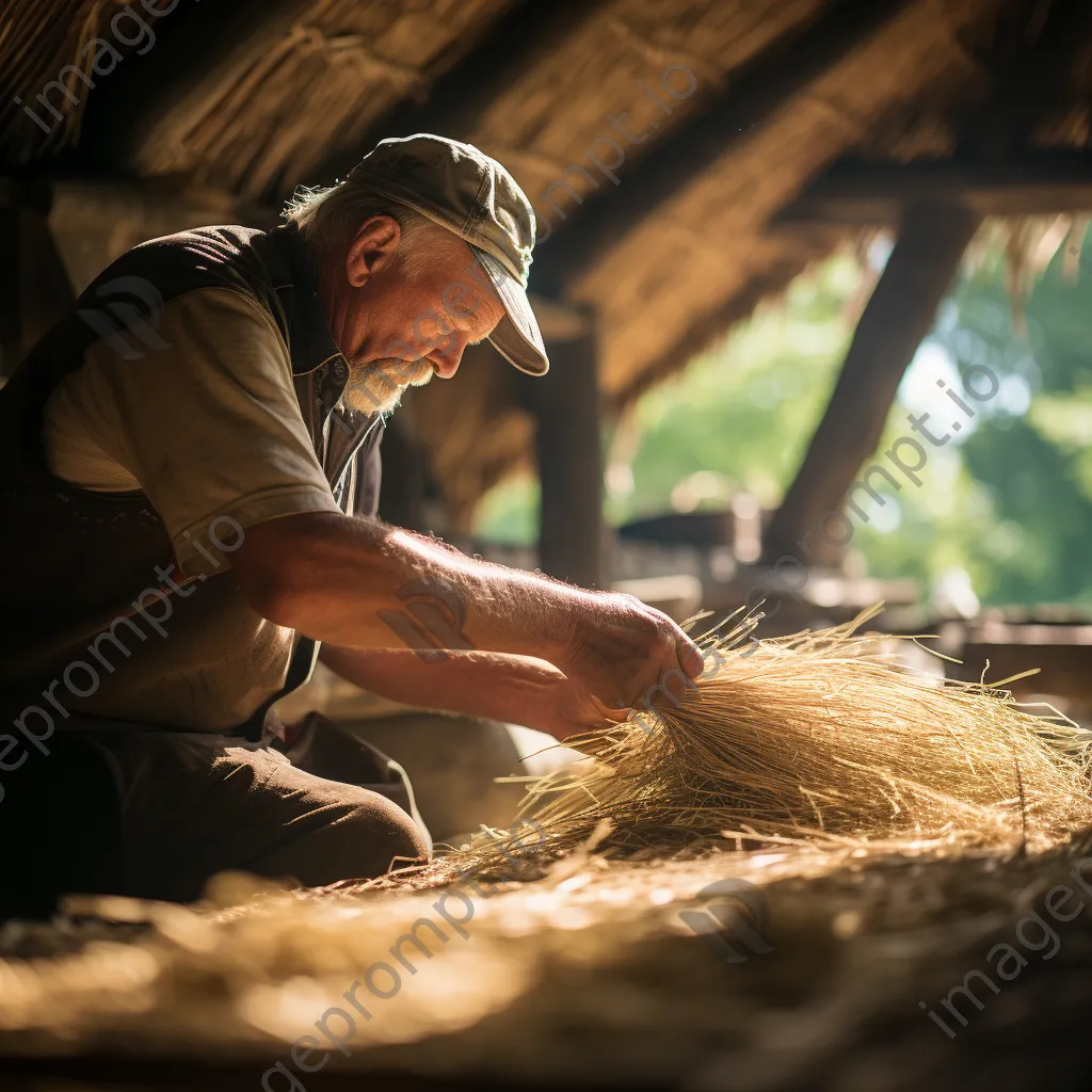 Artisan thatching a straw roof on a historical cottage - Image 2