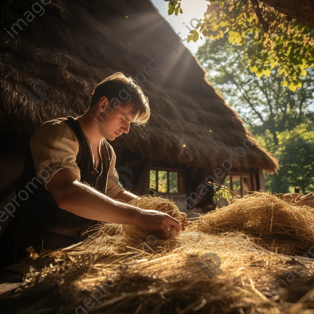 Artisan thatching a straw roof on a historical cottage - Image 3