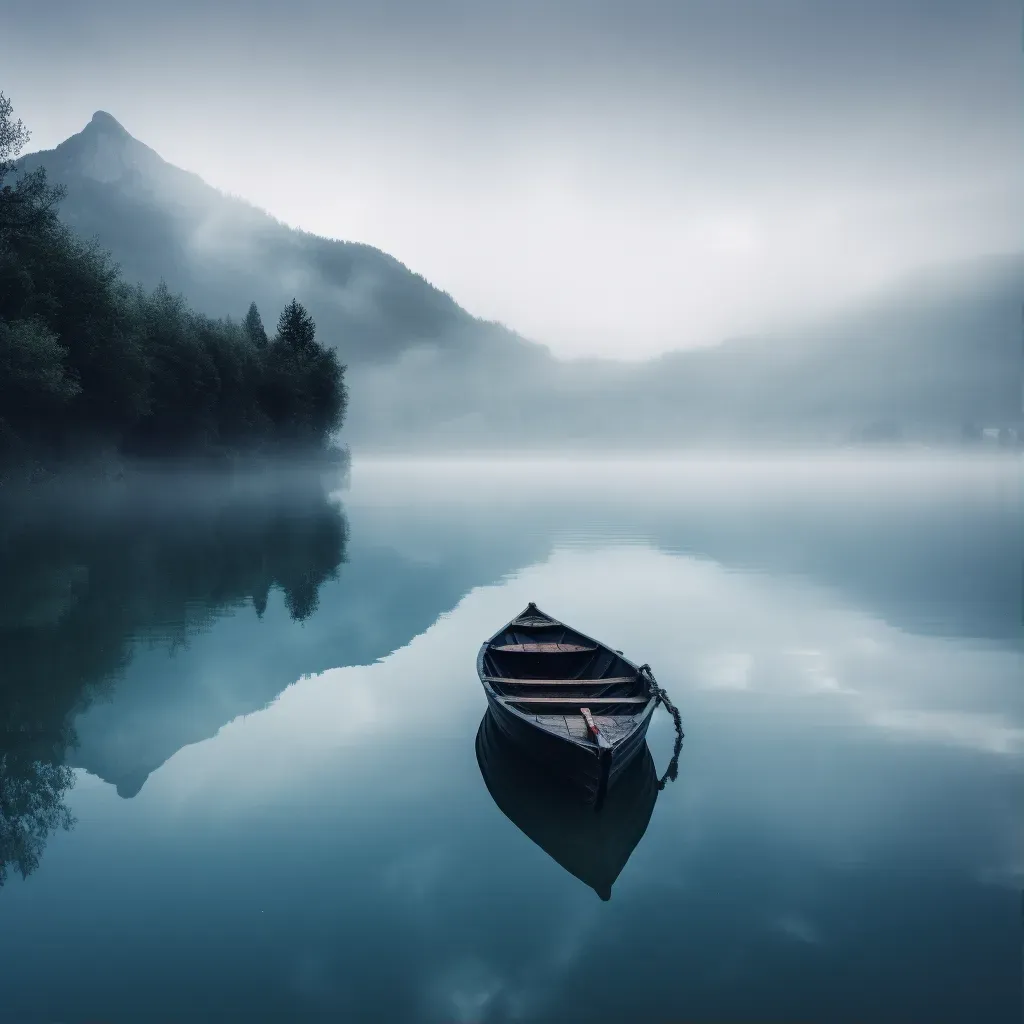 Rowboat on calm lake with foggy mountains in the background - Image 1