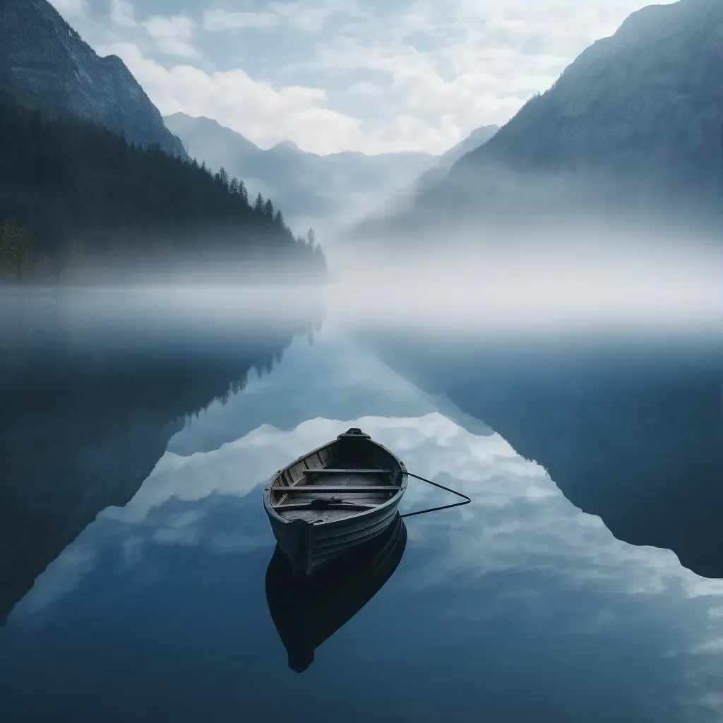 Rowboat on calm lake with foggy mountains in the background - Image 3