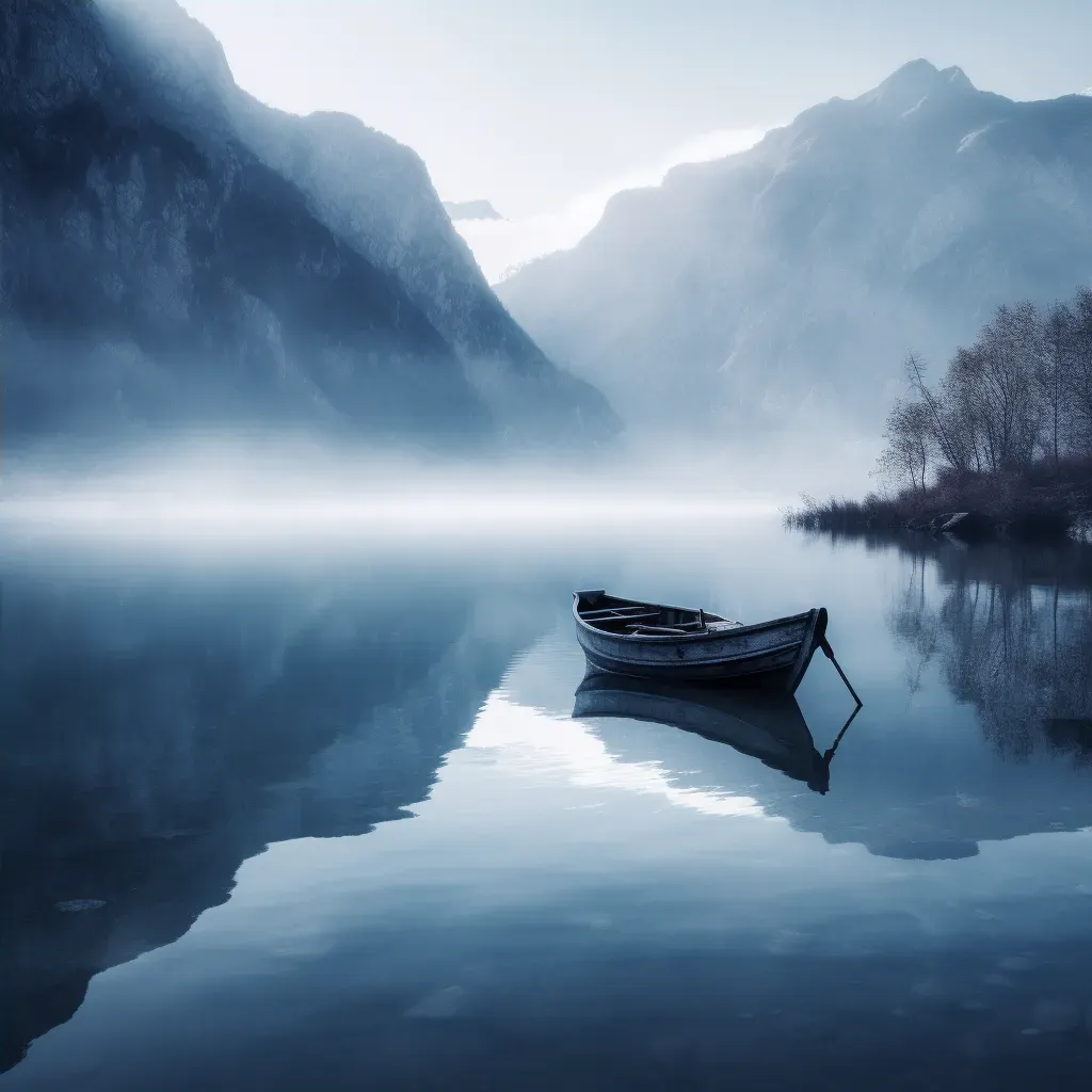 Rowboat on calm lake with foggy mountains in the background - Image 4