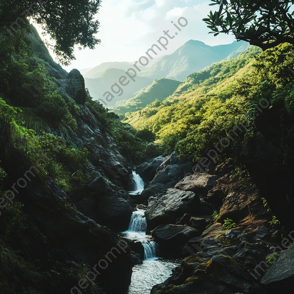 Hidden waterfall in mountain valley surrounded by lush greenery - Image 1