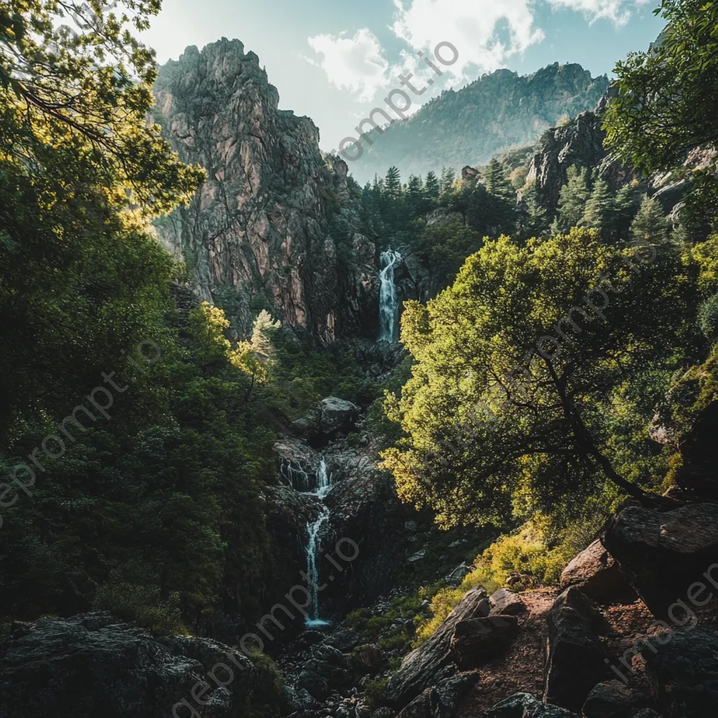 Hidden waterfall in mountain valley surrounded by lush greenery - Image 2