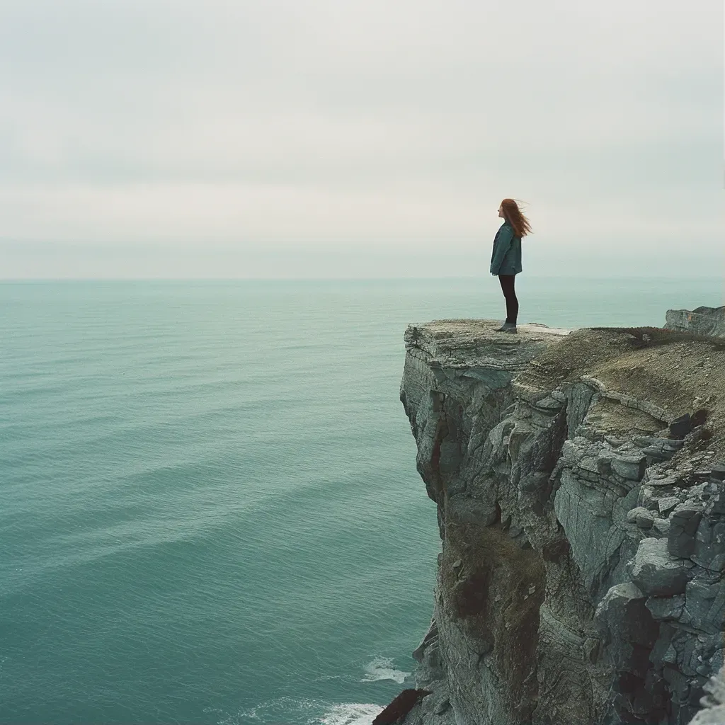 A woman standing on a cliff edge overlooking a vast ocean - Image 1