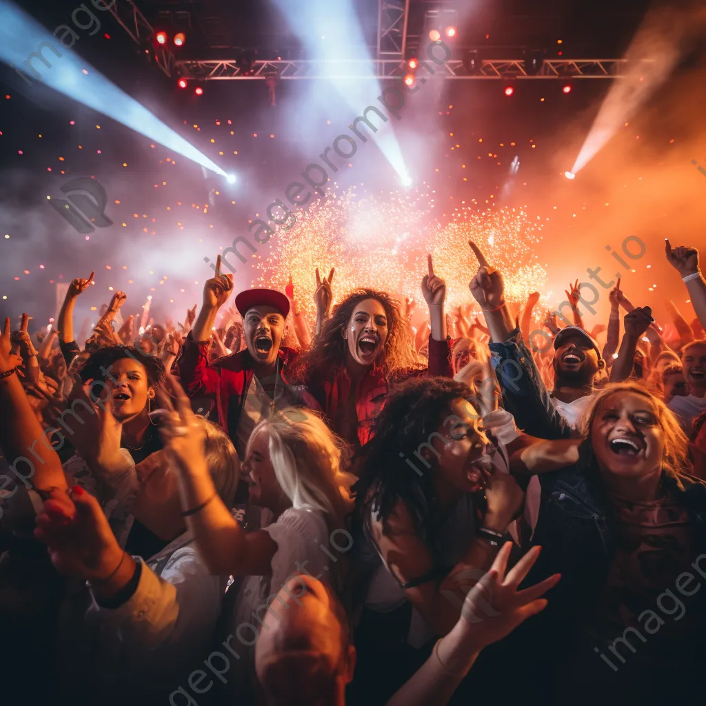 Lively concert scene with energetic crowd enjoying vibrant stage lights. - Image 1