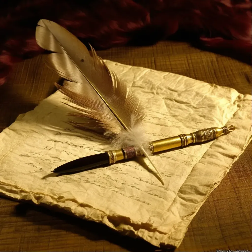 Feather quill writing on aged parchment in image prompt - Image 1