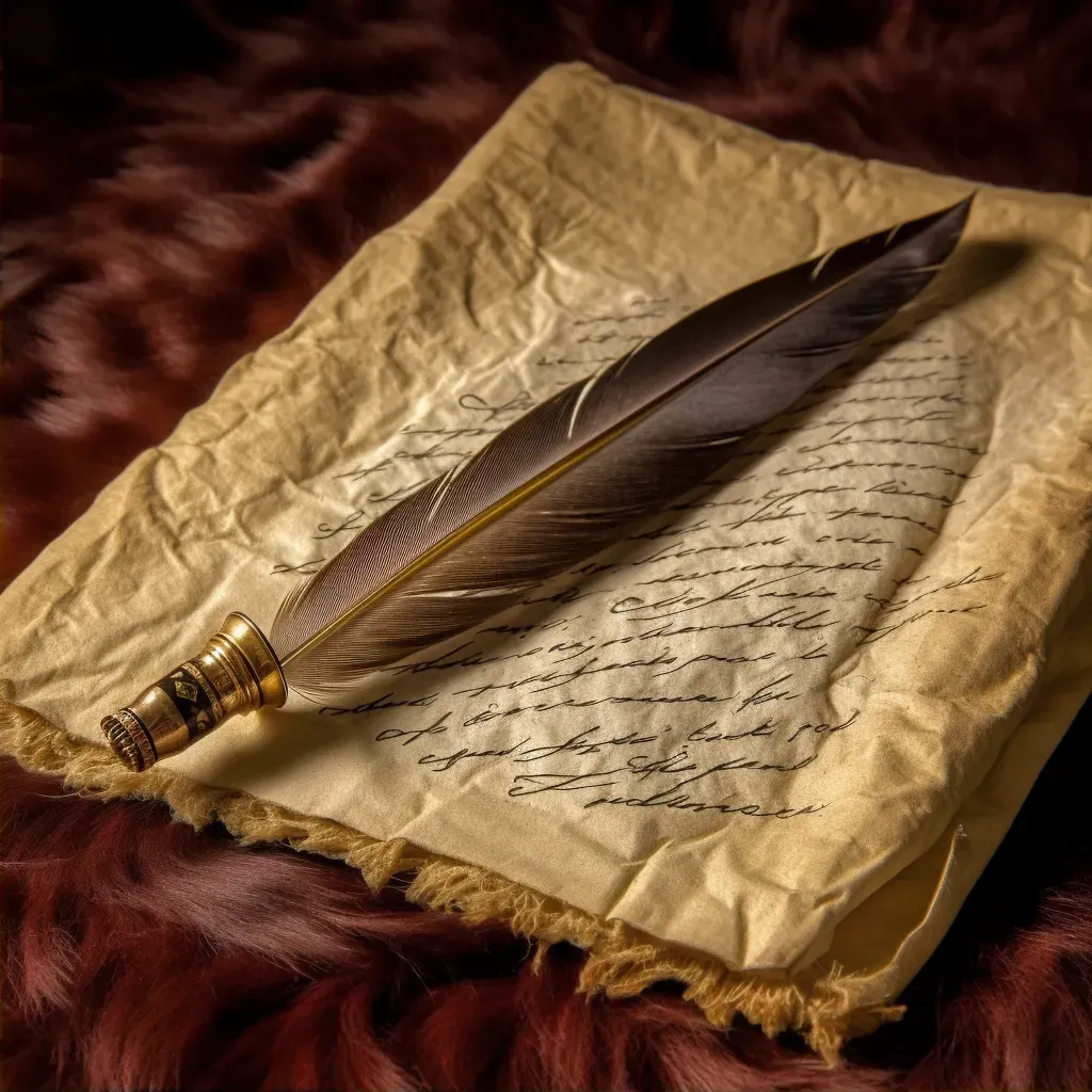 Feather quill writing on aged parchment in image prompt - Image 2