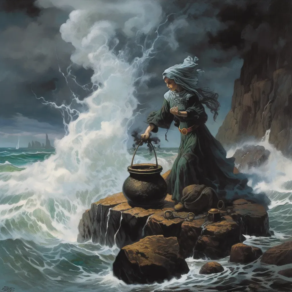 Sea Witch Brewing Storm on Rocky Shoreline