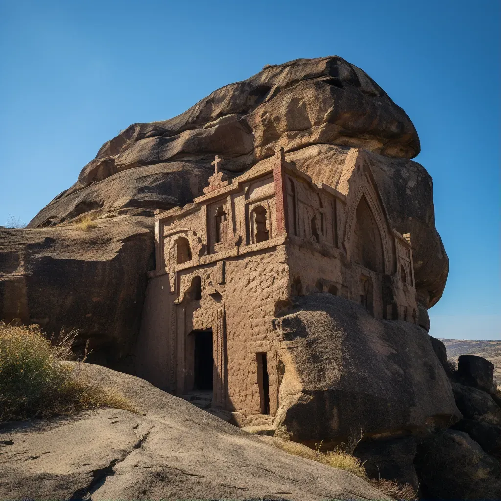 Image of an Ethiopian rock-hewn church against a clear blue sky - Image 1