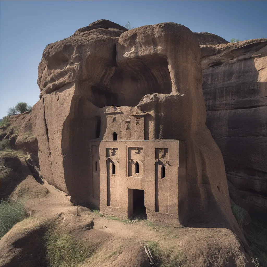 Image of an Ethiopian rock-hewn church against a clear blue sky - Image 4