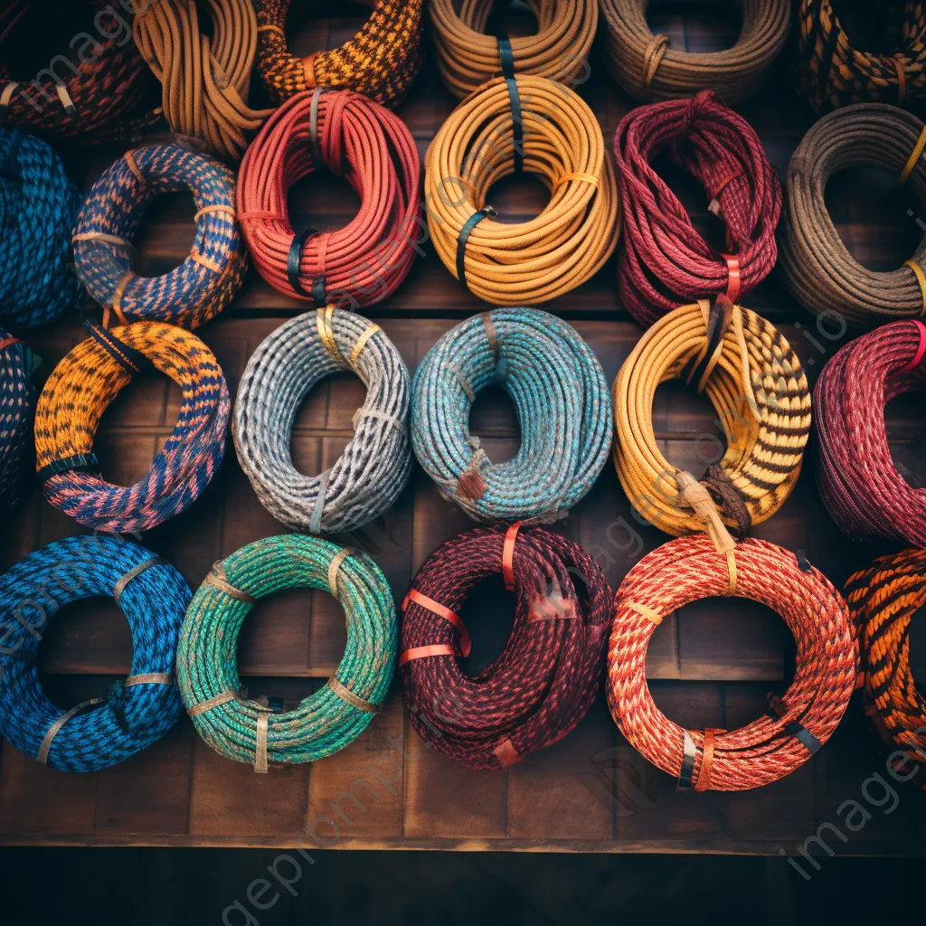 Overhead view of colorful hand-made rope coils - Image 1