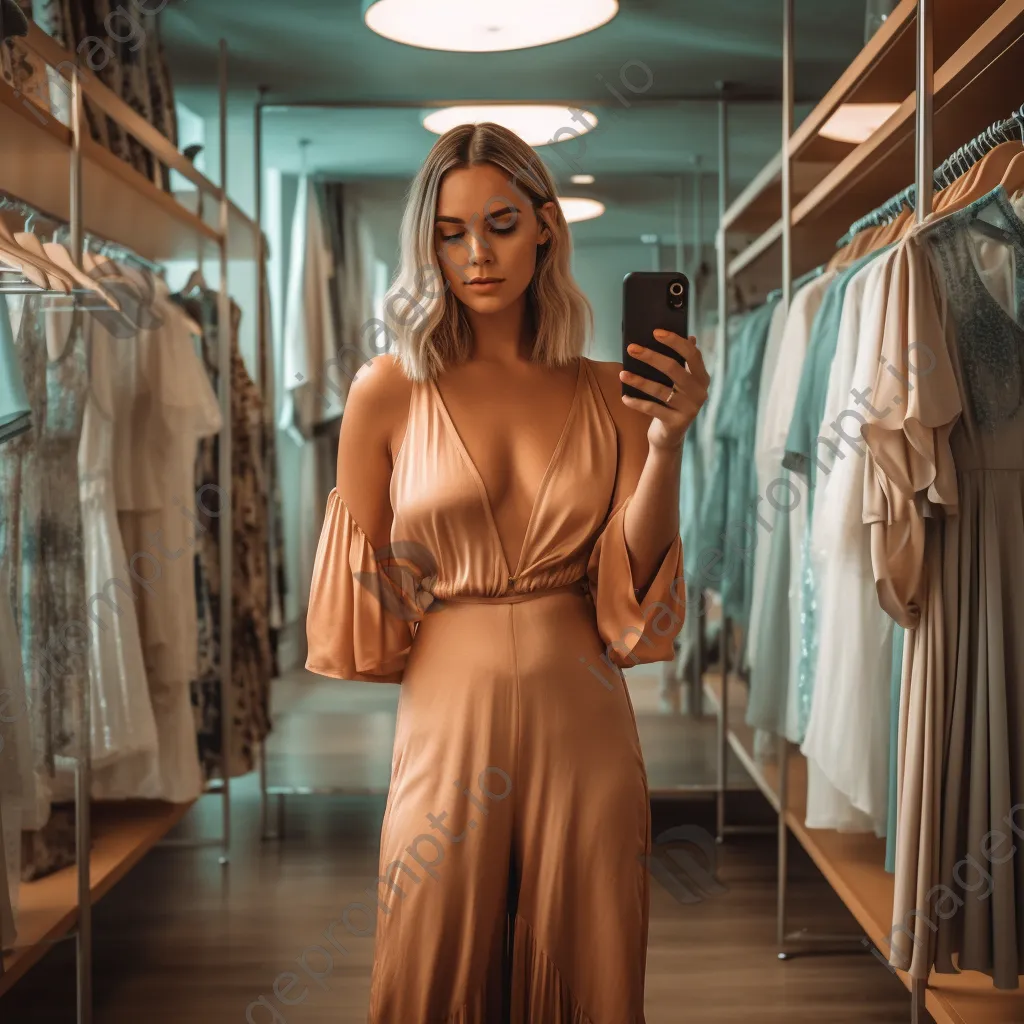 Woman trying on clothes in a chic boutique with mirrors. - Image 1