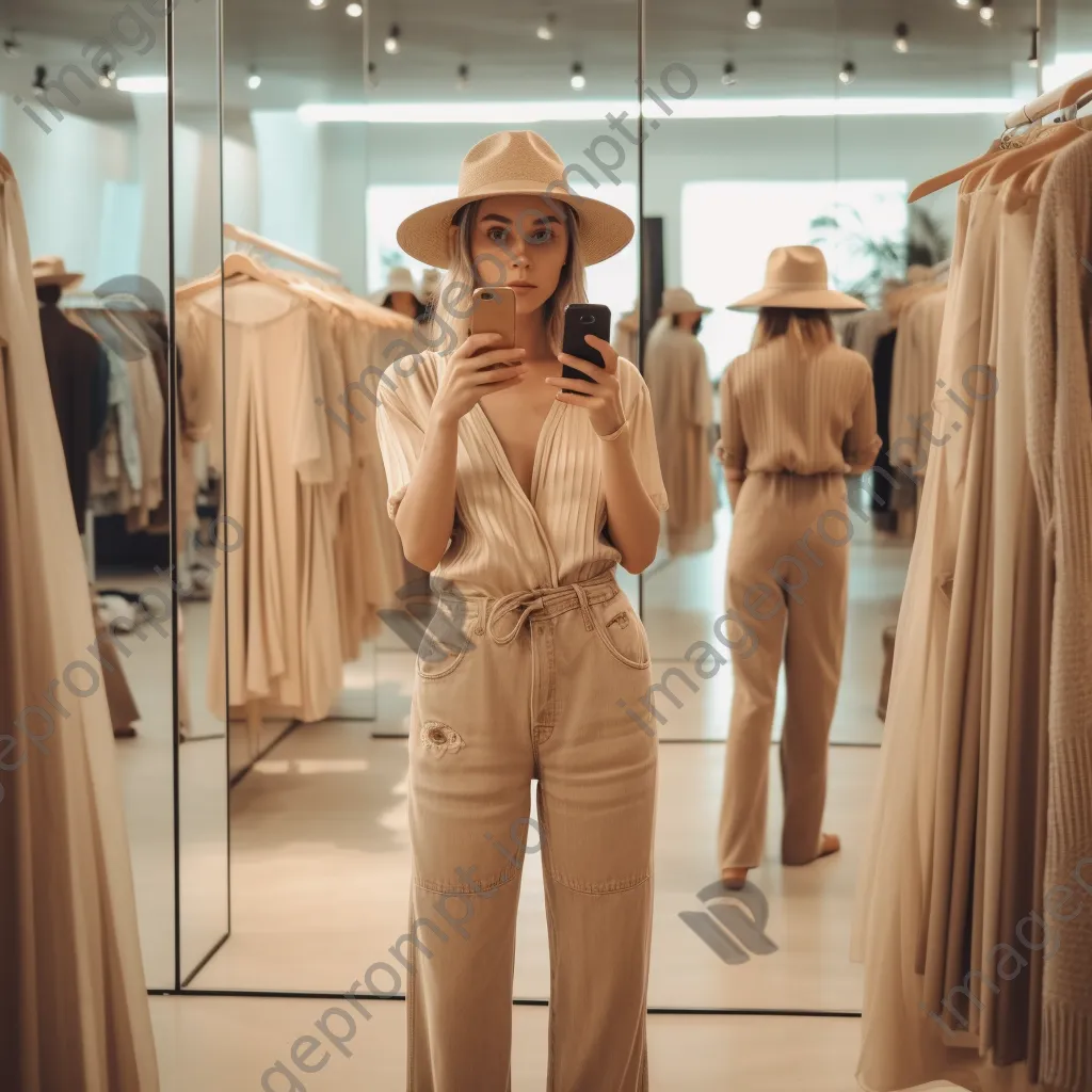 Woman trying on clothes in a chic boutique with mirrors. - Image 2