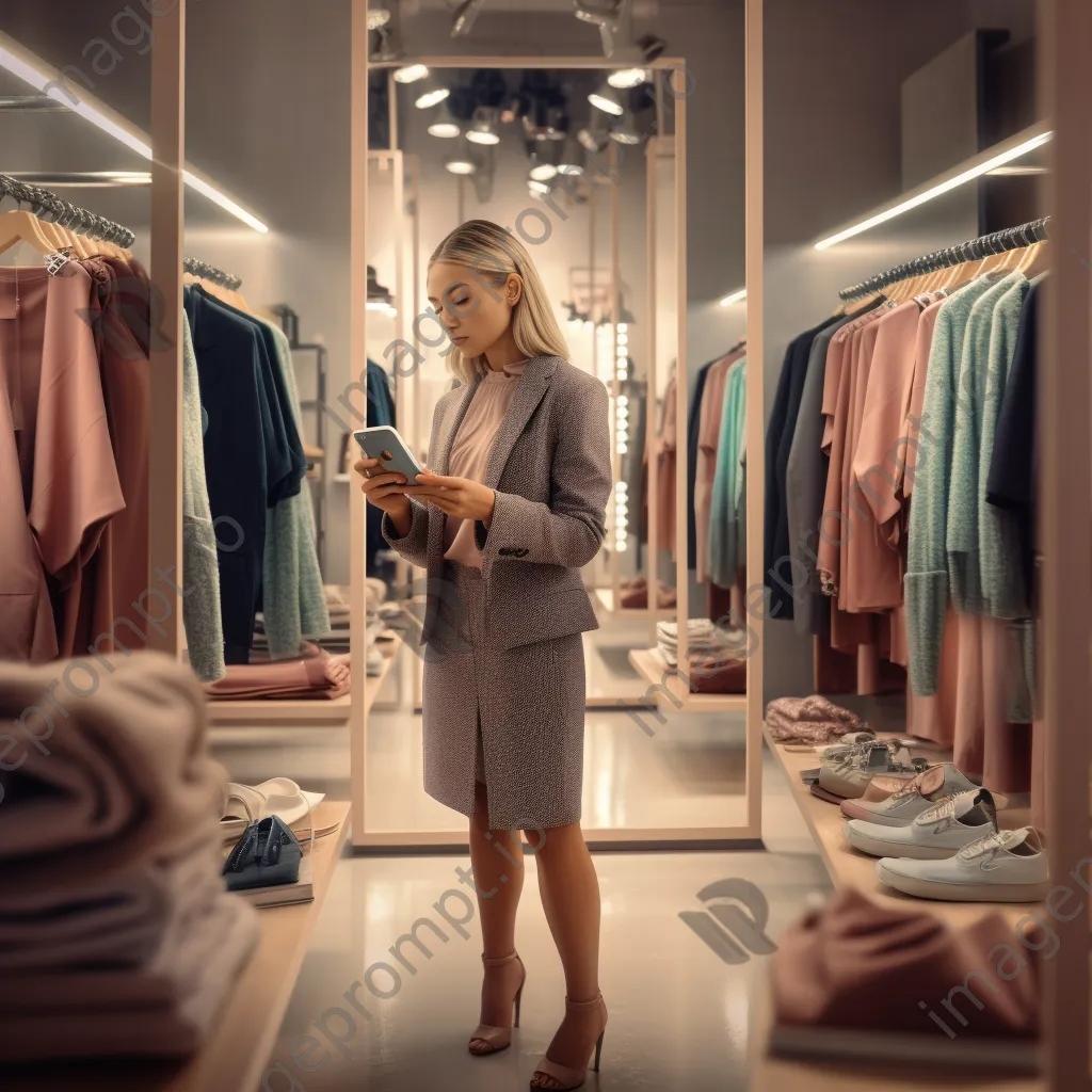 Woman trying on clothes in a chic boutique with mirrors. - Image 4