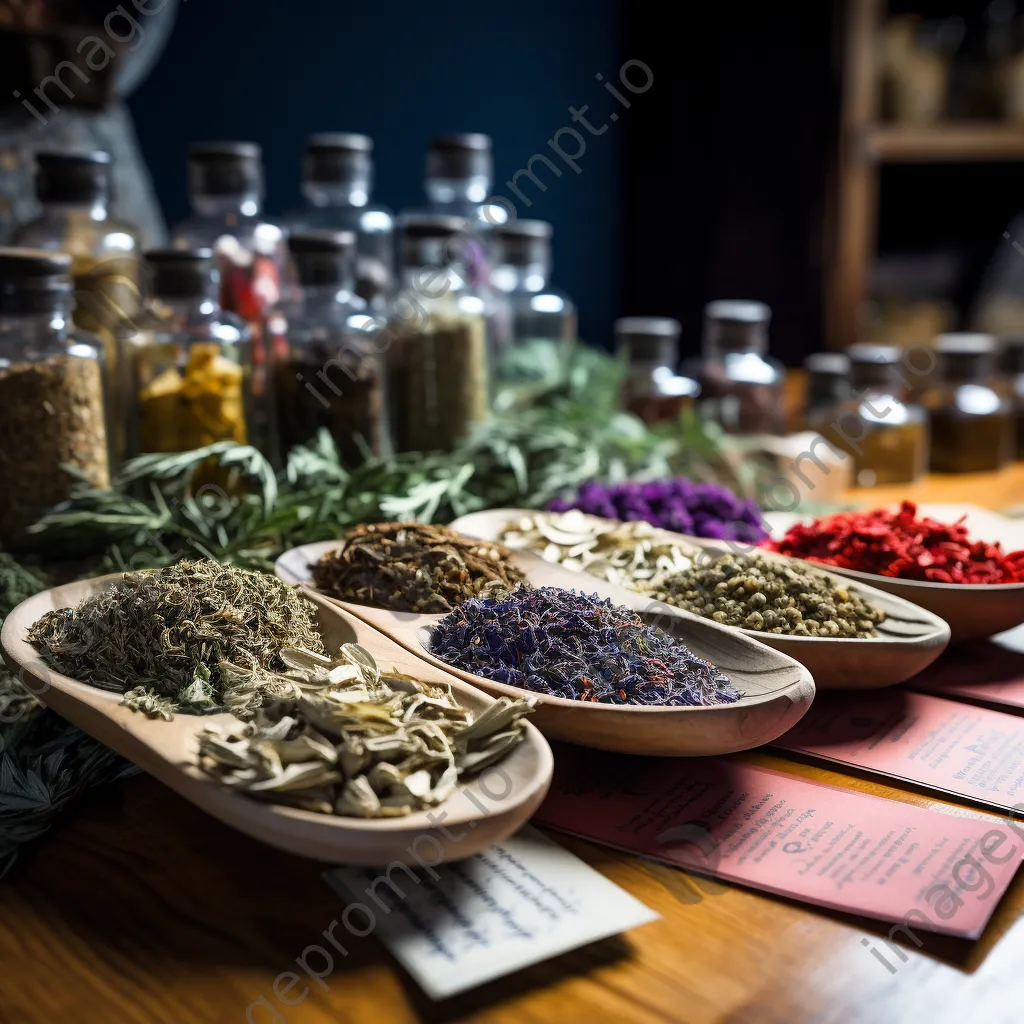 Assorted dried herbs with labels on wooden table - Image 1