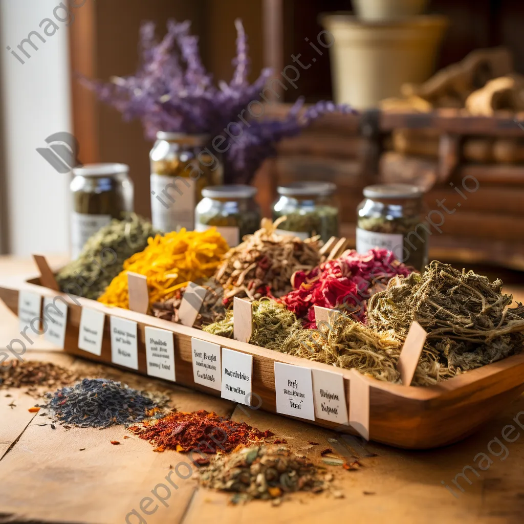 Assorted dried herbs with labels on wooden table - Image 3