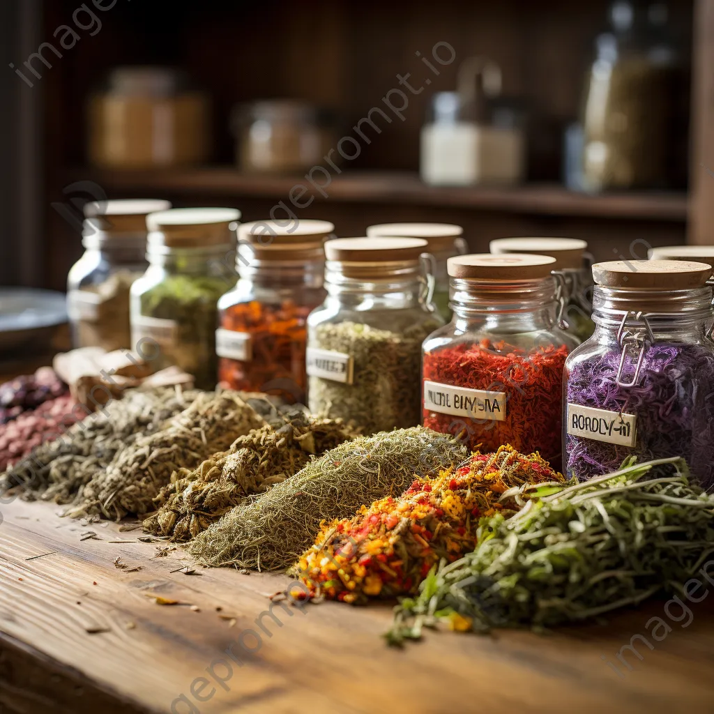 Assorted dried herbs with labels on wooden table - Image 4