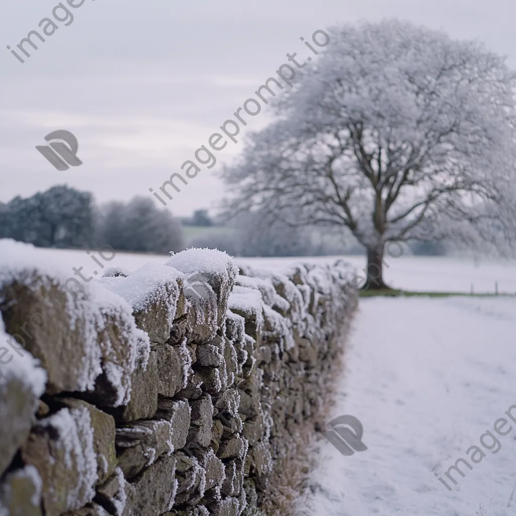 Dry stone wall covered in snow with frosted trees in the background. - Image 1