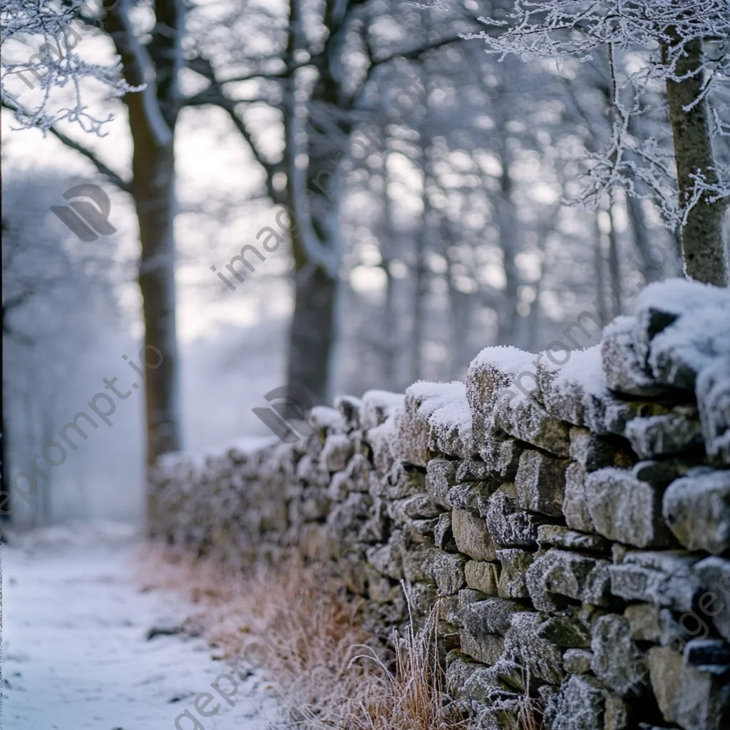 Dry stone wall covered in snow with frosted trees in the background. - Image 2