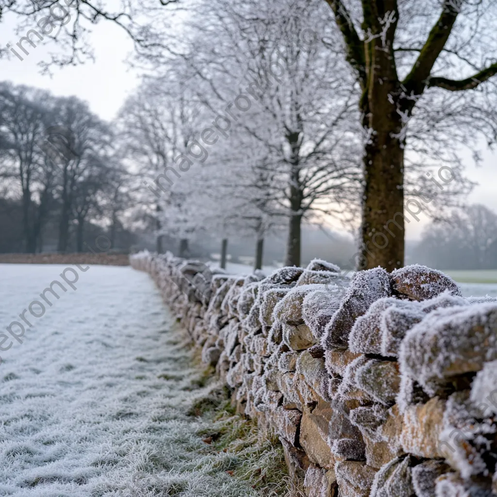 Dry stone wall covered in snow with frosted trees in the background. - Image 3