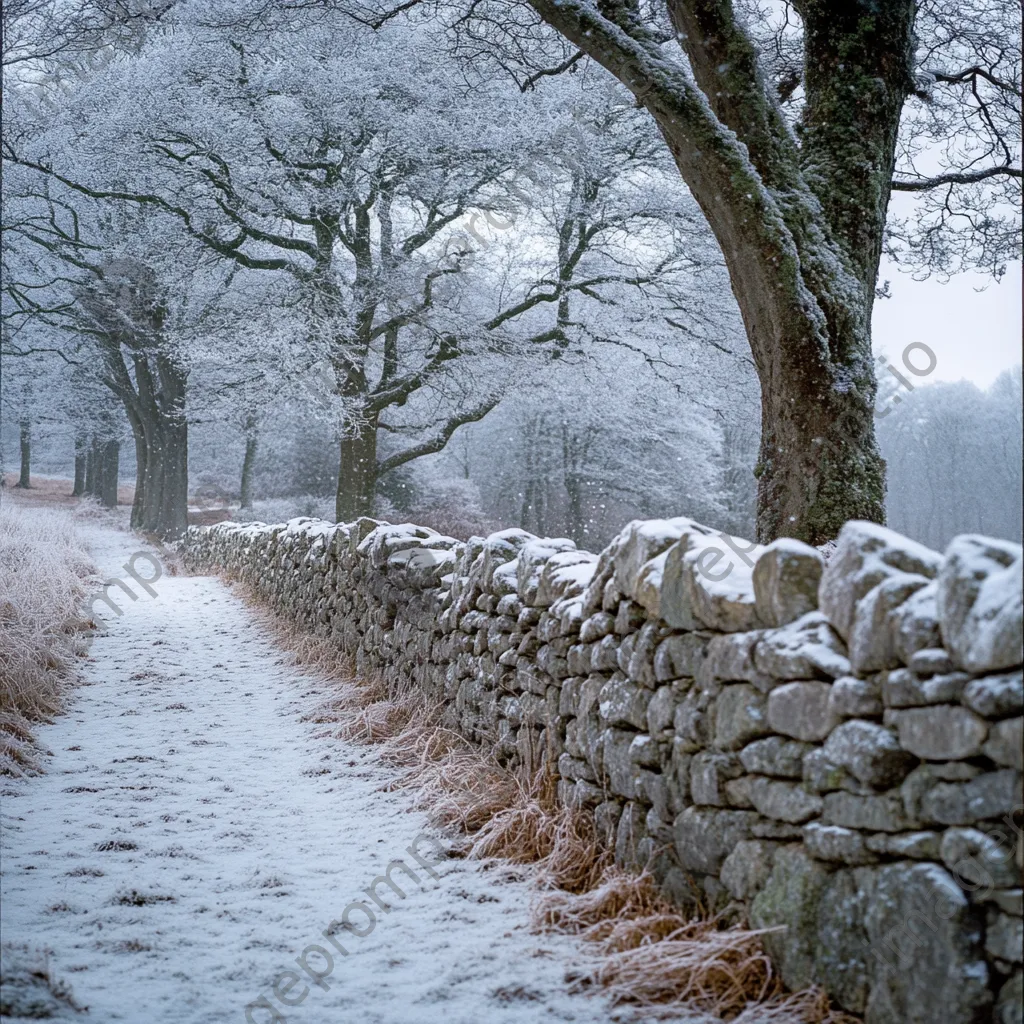 Dry stone wall covered in snow with frosted trees in the background. - Image 4