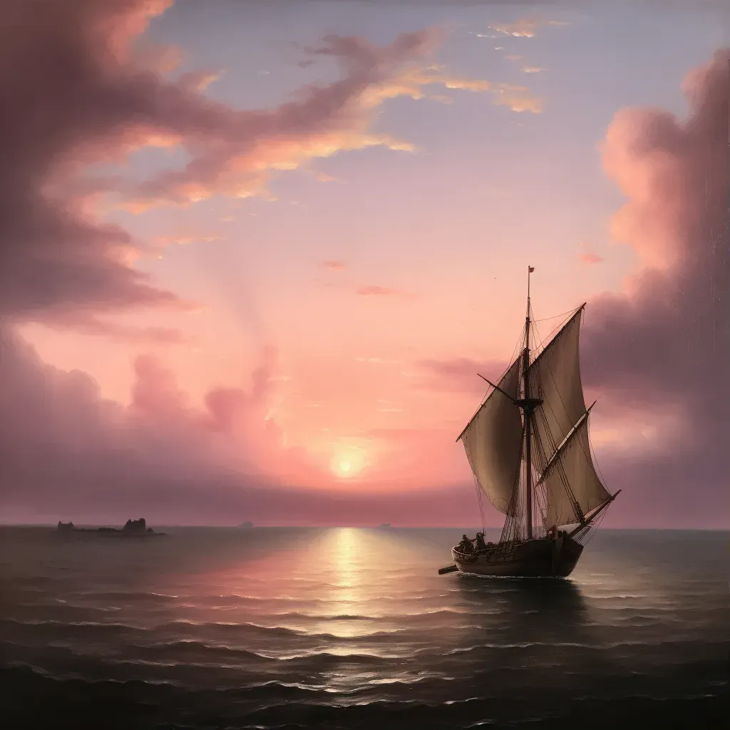 Single yacht sailing in the vast ocean at dusk, against a backdrop of a pink and purple sky in an image generated by a prompt. - Image 1