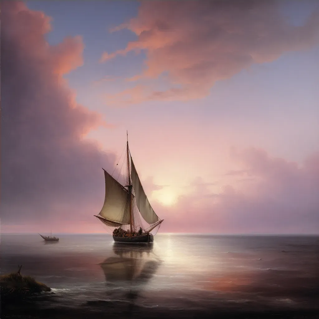 Single yacht sailing in the vast ocean at dusk, against a backdrop of a pink and purple sky in an image generated by a prompt. - Image 4