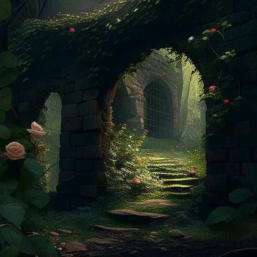 Image of an ancient secret garden with moss-covered stone wall and blooming roses - Image 1