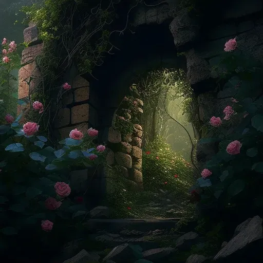 Image of an ancient secret garden with moss-covered stone wall and blooming roses - Image 2