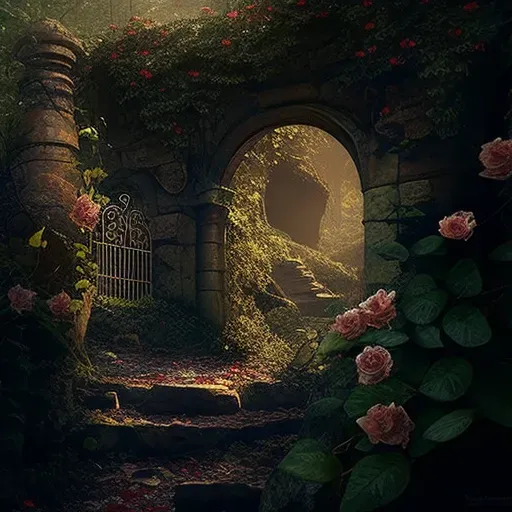 Image of an ancient secret garden with moss-covered stone wall and blooming roses - Image 3