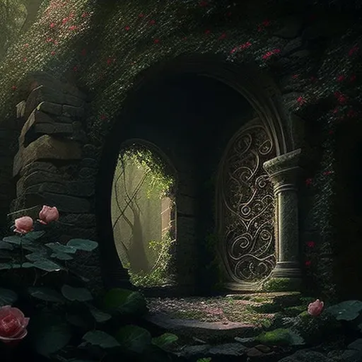 Image of an ancient secret garden with moss-covered stone wall and blooming roses - Image 4