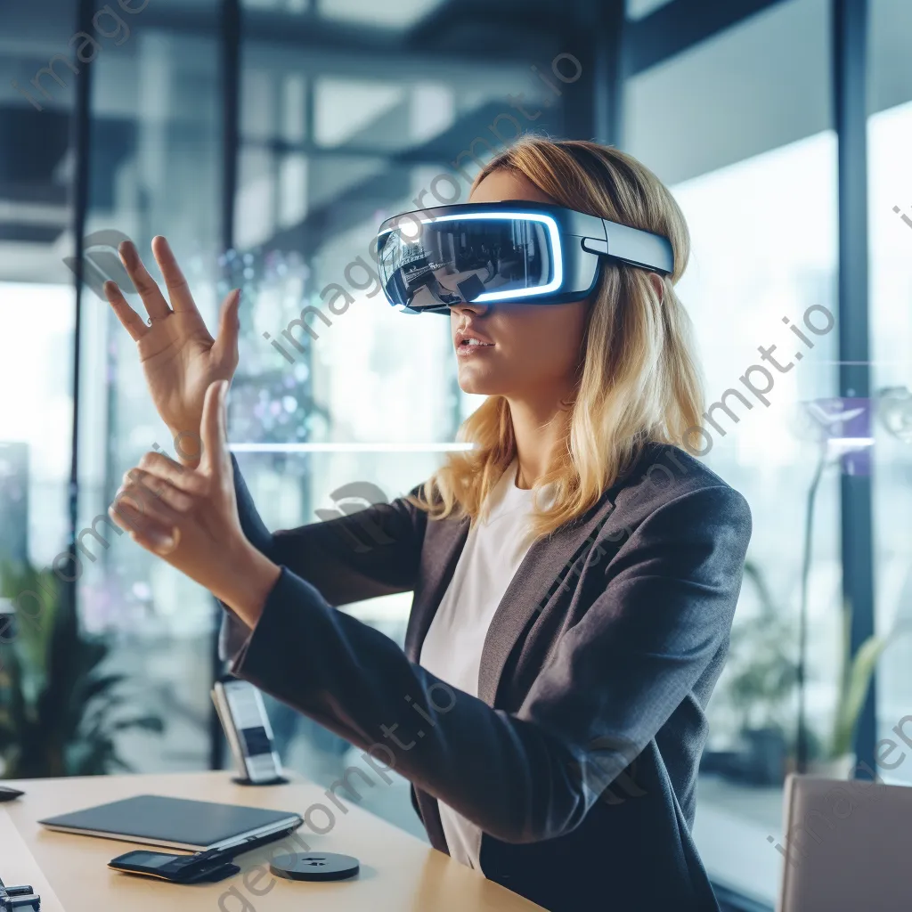 Female startup founder wearing augmented reality glasses in an office. - Image 1